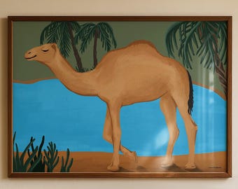 May include: A rectangular wall art print in a dark wood frame featuring a tan camel walking across a sandy landscape. The background displays a bright blue body of water, green palm trees, and dark green desert plants under a muted olive sky.