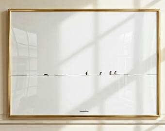 May include: A rectangular wall art print in a thin gold frame featuring a minimalist black line drawing on a white background. The artwork depicts a series of small, dark, abstract figures positioned along a single horizontal line across the center.