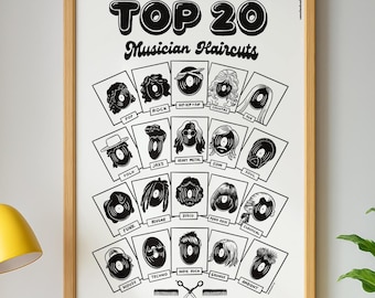 May include: A framed white poster titled TOP 20 Musician Haircuts in black text. The print features twenty illustrations of vinyl records styled as various hairstyles, each labeled with a music genre, arranged in a grid with scissors at the bottom.