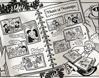 May include: A black and white line art illustration of an open scrapbook titled Music is Nostalgic. The pages feature various hand-drawn photos of people in different life moments, speech bubbles with text, and a person sitting in a chair.