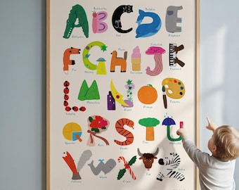 May include: A rectangular wall poster featuring a colorful illustrated alphabet where each letter is represented by a corresponding object or animal, such as an alligator for A, a cat for C, and a zebra for Z, all set against a light cream background.