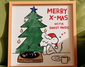 May include: A square framed print featuring a cartoon mouse in a Santa hat listening to a record player next to a green Christmas tree. The text reads MERRY X-MAS WITH SWEET MUSIC. The illustration includes a small plate of cookies and a mug.