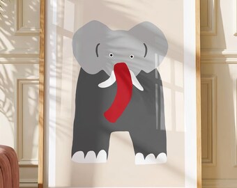 May include: A framed wall art print featuring a stylized gray elephant with large ears, white tusks, and a prominent red trunk. The elephant is depicted against a solid light beige background, contained within a simple light wood frame.