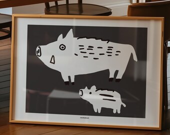 May include: A framed horizontal art print featuring a stylized illustration of a large adult wild boar and a smaller piglet in white against a dark charcoal gray background. The artwork is enclosed in a light-toned wooden frame with a white border.