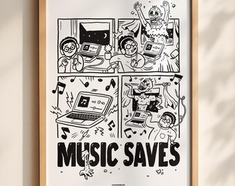 May include: A framed black and white comic-style art print featuring four panels depicting a person listening to music on a laptop while a zombie appears in the background. The text MUSIC SAVES is printed in large bold letters at the bottom.