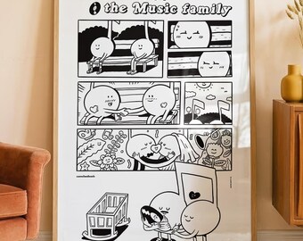 May include: A framed black and white comic poster titled The Birth of the Music family. The illustration depicts anthropomorphic musical notes in various scenes, including sitting on a bench, getting married, and caring for a baby in a crib.