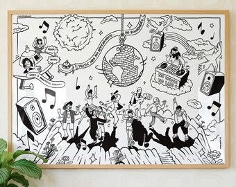May include: A black and white line art print in a light wood frame featuring a disco ball globe, dancing figures, musical notes, speakers, and a sun. The text reads "MUSIC HAS NO APPEARANCE... NO BOUNDARIES" and "NO MUSIC NO LIFE" with "WHAT A BEAUTIFUL EARTH".
