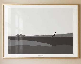 May include: A horizontal rectangular wall art print in a gold frame featuring a grayscale landscape illustration. The artwork depicts a flat horizon line with a silhouette of a single giraffe and distant trees against a light gray sky.