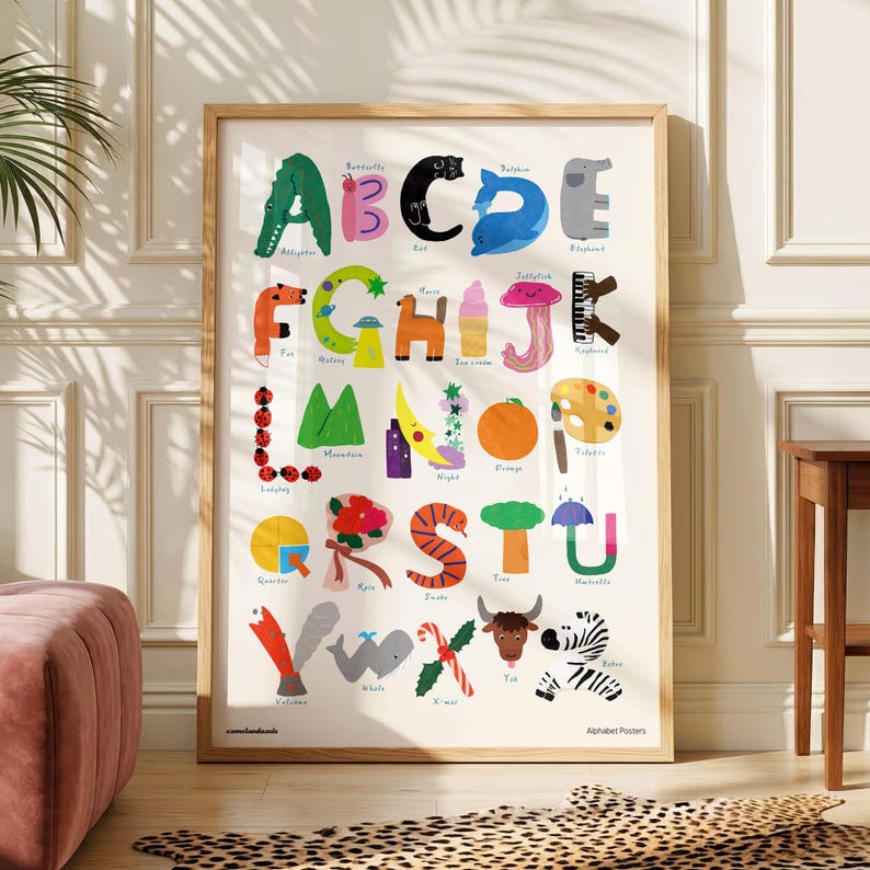 May include: A rectangular educational poster featuring a colorful alphabet design. Each letter is illustrated with a corresponding object or animal, such as an alligator for A, a butterfly for B, and a zebra for Z. The print is framed in light wood.