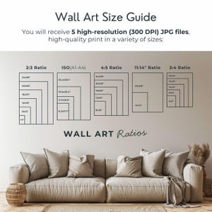 May include: A wall art size guide infographic displaying five aspect ratios with corresponding dimensions in inches. The text reads Wall Art Size Guide, You will receive 5 high-resolution (300 DPI) JPG files, high-quality print in a variety of sizes, and WALL ART Ratios.