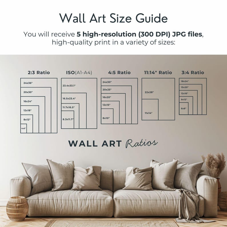 May include: A wall art size guide infographic displaying five aspect ratios with corresponding dimensions in inches. The text reads Wall Art Size Guide, You will receive 5 high-resolution (300 DPI) JPG files, high-quality print in a variety of sizes, and WALL ART Ratios.