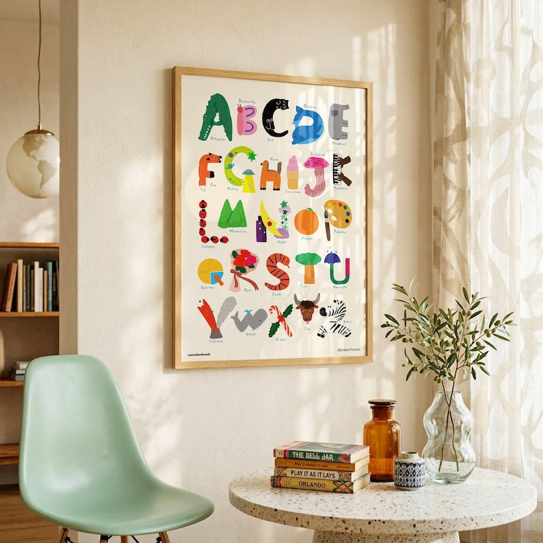 May include: A rectangular wall poster featuring a colorful alphabet design where each letter is illustrated as an object or animal, including an alligator for A, a butterfly for B, and a zebra for Z, all set within a light wooden frame.