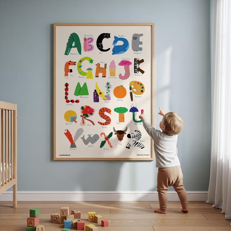 May include: A rectangular wall poster featuring a colorful illustrated alphabet where each letter is represented by a corresponding object or animal, such as an alligator for A, a cat for C, and a zebra for Z, all set against a light cream background.