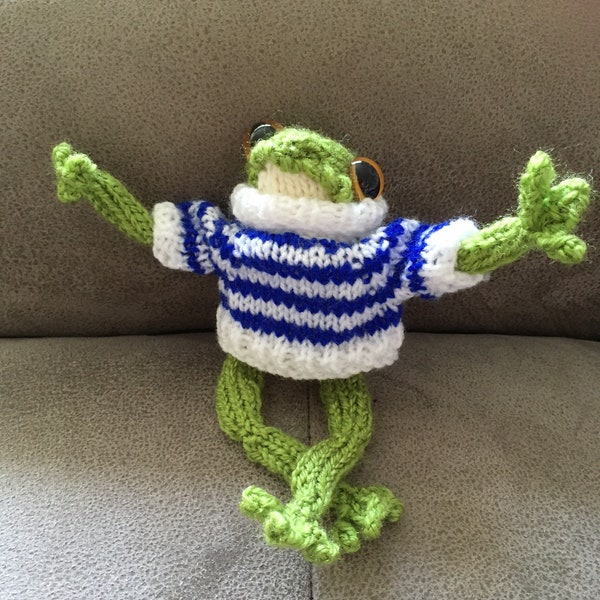 Hand knitted frog in a blue and white striped jumper
