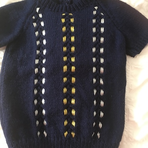Hand Knitted Navy Blue Girls Jumper With Gold & Silver Ribbon Panels