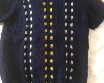 Hand Knitted Navy Blue Girls Jumper With Gold & Silver Ribbon Panels