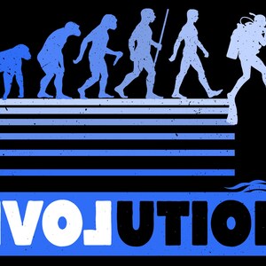 以下が含まれることがあります： 人間の進化の青いシルエットで、スキンダイバーで終わります。テキスト「EVOLUTION」はシルエットの下にあります。