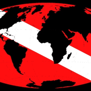 May include: A red and white scuba diving flag with a black outline of the world map.