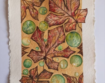 Original watercolor painting autumn leaves on rag paper wall art