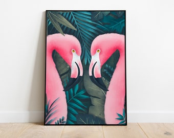 Pinke Flamingos Maximalist Dekor, Smaragdgrüne Wand Kunst Druck, Tropische Vögel Poster, Dunkelgrüne Wand Dekoration