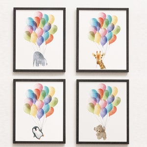 Stampe per cameretta con palloncini e animali, stampe per cameretta con acquerello, decorazioni murali con palloncini, poster acquerello