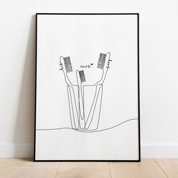 Family Tooth Brushes Print, Minimalist His and Hers Toothbrushes Poster, Continuous Line Bathroom Decor, Family Wall Art, His and Hers