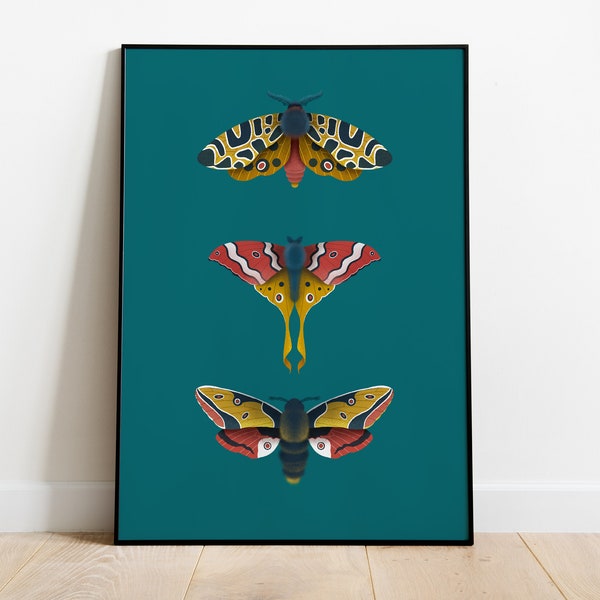 Teal and Mustard Moths Print,  Maximalist Wall Art, Dark Academia Room Decor, Deep Emerald Green and Yellow Butterflies Wall Art, Goth decor