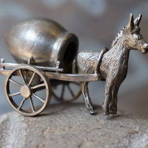 Miniatur-Skulptur, Esel und Wagen, Messing-Figur
