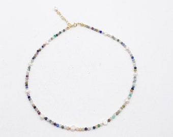 Handgemacht 925 Silver Kette mit bunten Edelsteinen und echten Perlen