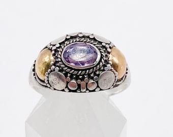 60er Jahre Amethyst Vintage Ring 925 Silber vergoldet lila Größe 59 - 18,8 mm