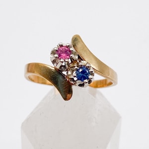60er Jahre 14k Gelbgold mit Rubin und Saphir Goldring 585er Gold Ring - Größe 51 - 16,2 mm