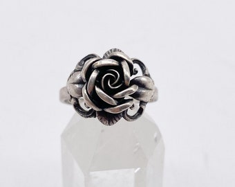 50er Jahre Theodor Klotz TEKA Ring, Biedermeier Rose Design, Schmuck Deutschland, 925 Silber - Größe 58/59 -18,6 mm