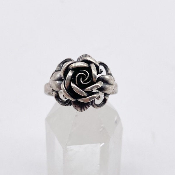 50er Jahre Theodor Klotz TEKA Ring, Biedermeier Rose Design, Schmuck Deutschland, 925 Silber - Größe 58/59 -18,6 mm