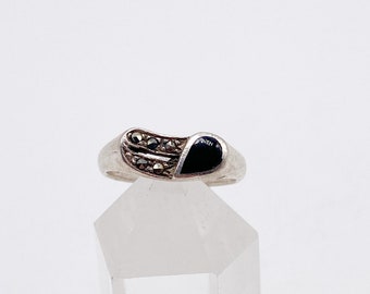 Bague Jahre 60er mit Markasiten und Onyx Stein aus echtem argent 925, bague Schmuck vintage - Taille 49-15,6 mm