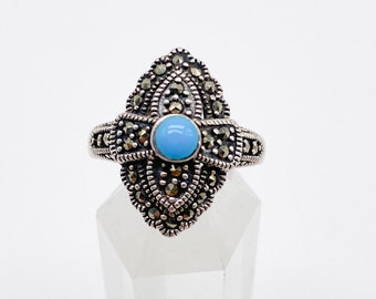 60er Jahre Ring mit Markasiten und Türkis Stein aus echtem 925 Silber, Vintage Schmuck Ring - Größe 53/54- 17 mm