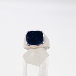 Puede incluir: Un anillo de sello en tono plateado con una incrustación cuadrada de color azul marino oscuro. La banda de metal tiene un acabado liso y pulido, mientras que el centro azul oscuro muestra ligeros arañazos y una textura mate y plana.
