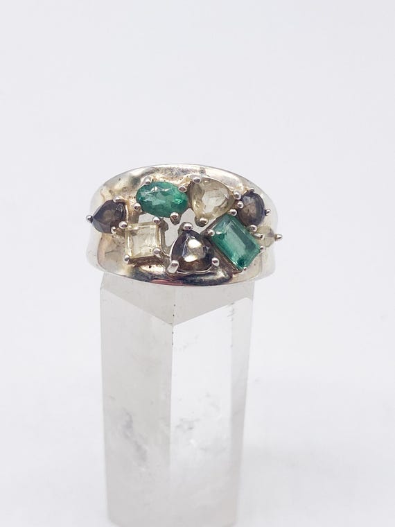 Vintage Ring mit grünen Smaragd, braunen Rauchquarz und gelben Citrin Steinen 925 Silber bunt Größe 66 21 mm