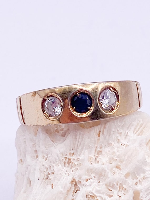 60er Jahre Vintage Ring 925 Silber vergoldet mit blauen Saphir und zwei weißen Steinen Größe 59- 18,8 mm