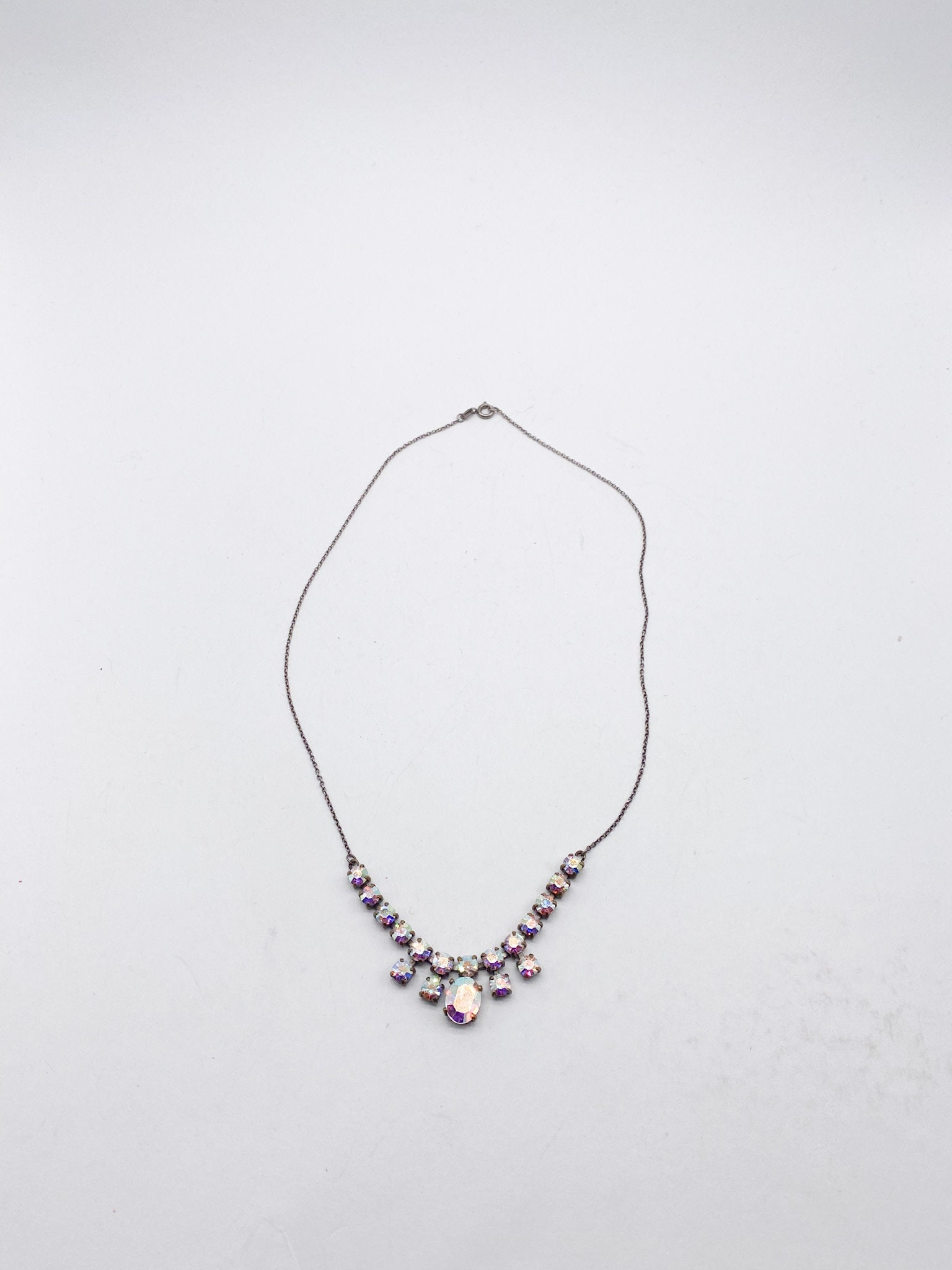 50er Jahre Vintage AB Aurora borealis Regenbogen Glas Strass Kette aus altem 835 Silber