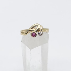 60er Jahre 14k Gelbgold mit Rubin und Diamant Goldring 585er Gold Ring - Größe 56 - 17,8 mm