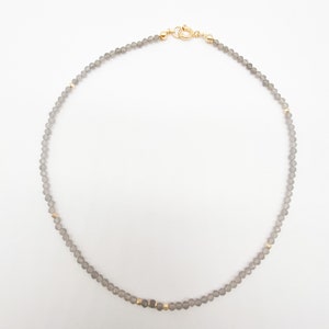 May include: A delicate gray beaded necklace with gold accents. The necklace is made of small, round beads and has a simple clasp.