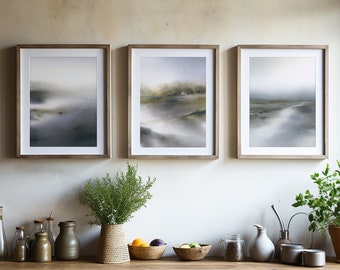 Set of 3 Fine art prints | Moody coastal Print | Abstract Wall Art | Nordic Wall Art | Serene Watercolor art | Gray moody coastal decor