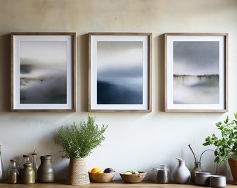 Set of 3 Fine art prints | Moody coastal Print | Abstract Wall Art | Nordic Wall Art | Serene Watercolor art | Gray moody coastal decor