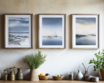 Set of 3 Fine art prints | Moody Nordic landscape artwork | Neutral Wall art | Coastal Home decor |  Print set of Serene Abstract Scenes