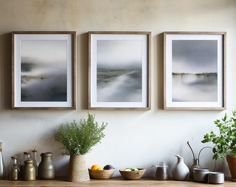 Set of 3 Fine art prints | Moody coastal Print | Abstract Wall Art | Nordic Wall Art | Serene Watercolor art | Gray moody coastal decor