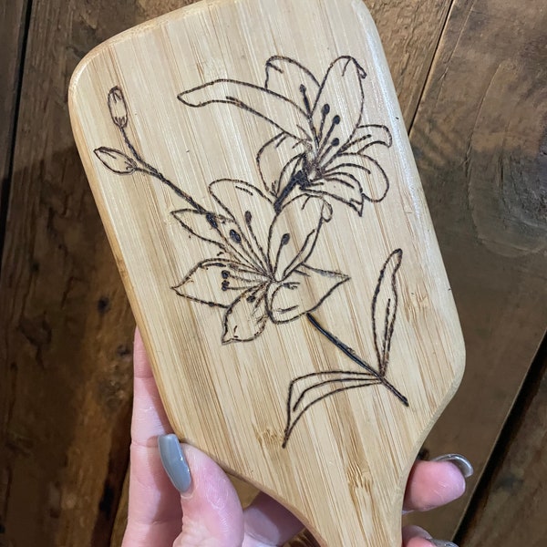 Bamboo wooden hand burnt floral lilly lily hairbrush add name to handle free of charge gift teacher christmas birthday hair brush flower