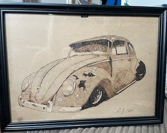 Volkswagen beetle pyrography burn print framed a4