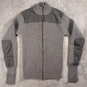 LL Bean Full Zip Sweater Mens M Gray Merino Lambswool Commando Elbow Patch