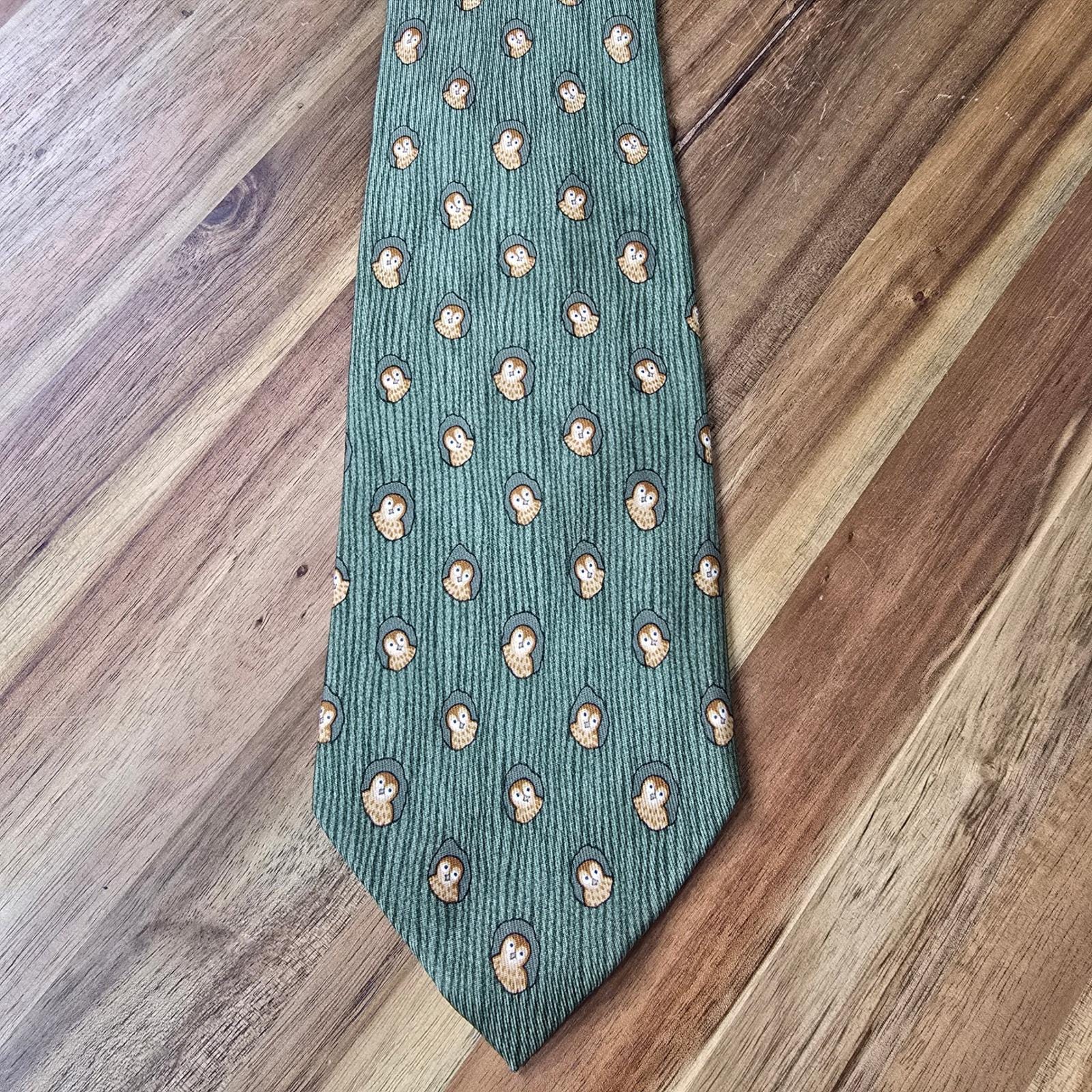 Hermes Owl Silk Tie Mens Green 7738 OA Made in France Luxury AOP Animal Print