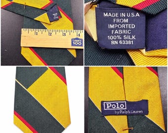 Polo Ralph Lauren Tie Mens Green Yellow Red Silk Striped USA Made Preppy Ivy